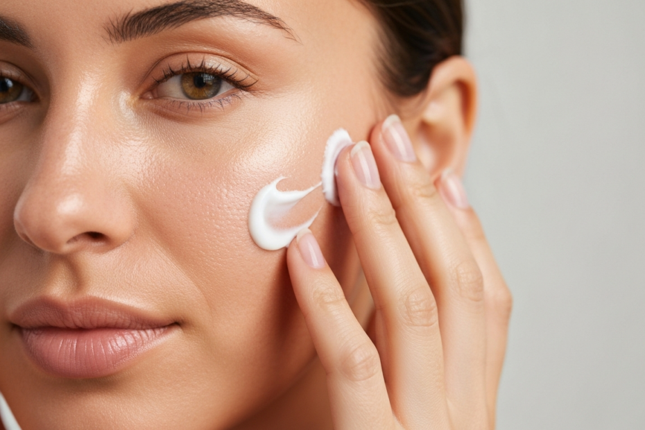 Photorealistic close-up of a woman's face with healthy, glowing skin, applying a moisturizer with clean hands. Soft natural lighting, focus on skin texture, no logos or text.