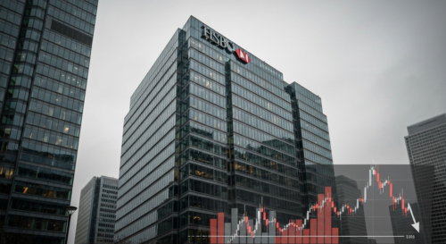 A realistic photo of the HSBC headquarters building in London's Canary Wharf financial district on a cloudy day, with a downward trending stock chart overlay in the bottom right corner, conveying a se