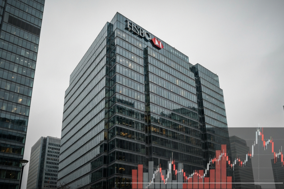 A realistic photo of the HSBC headquarters building in London's Canary Wharf financial district on a cloudy day, with a downward trending stock chart overlay in the bottom right corner, conveying a se
