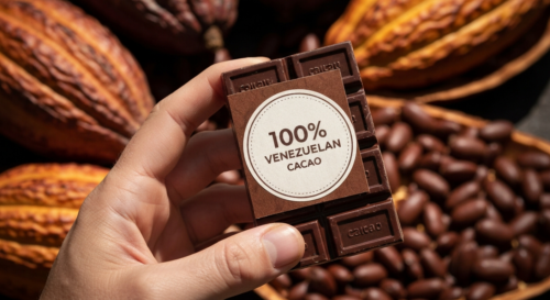 A photorealistic close-up of a hand holding a piece of dark chocolate with a label '100% Venezuelan cacao', with cocoa pods and beans in the background, natural lighting, high detail.
