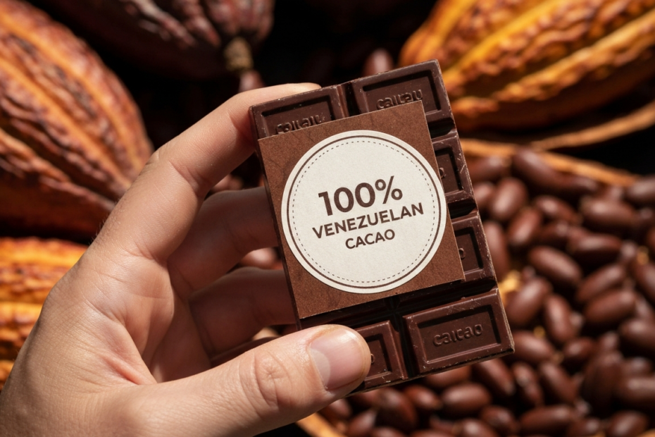 A photorealistic close-up of a hand holding a piece of dark chocolate with a label '100% Venezuelan cacao', with cocoa pods and beans in the background, natural lighting, high detail.