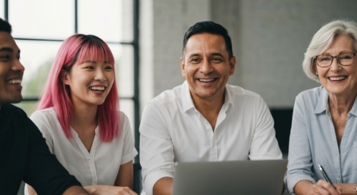 A photorealistic image of a diverse group of people in a modern office, working collaboratively with smiles, representing a healthy and productive workforce.