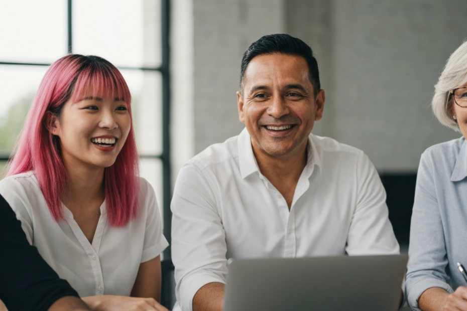 A photorealistic image of a diverse group of people in a modern office, working collaboratively with smiles, representing a healthy and productive workforce.