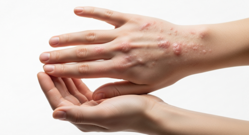 A photorealistic image of a child's hand with visible Coxsackie virus blisters on the palm and fingers, isolated on a white background, with soft lighting to show the vesicles clearly.