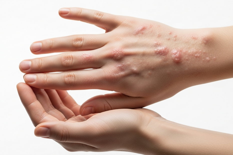 A photorealistic image of a child's hand with visible Coxsackie virus blisters on the palm and fingers, isolated on a white background, with soft lighting to show the vesicles clearly.