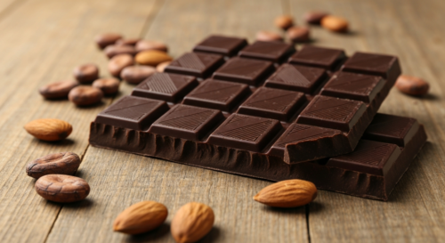 A close-up, photorealistic image of high-quality artisanal dark chocolate bars with 70% cocoa content, arranged on a rustic wooden table, with cocoa beans and a few whole almonds scattered around, nat