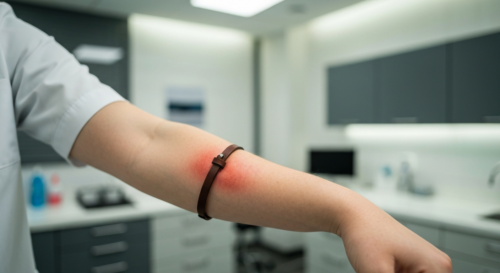 Photorealistic image of a person's arm with a leather bracelet, showing mild redness and irritation on the skin underneath the bracelet. The background is a clean medical office, with soft lighting fo
