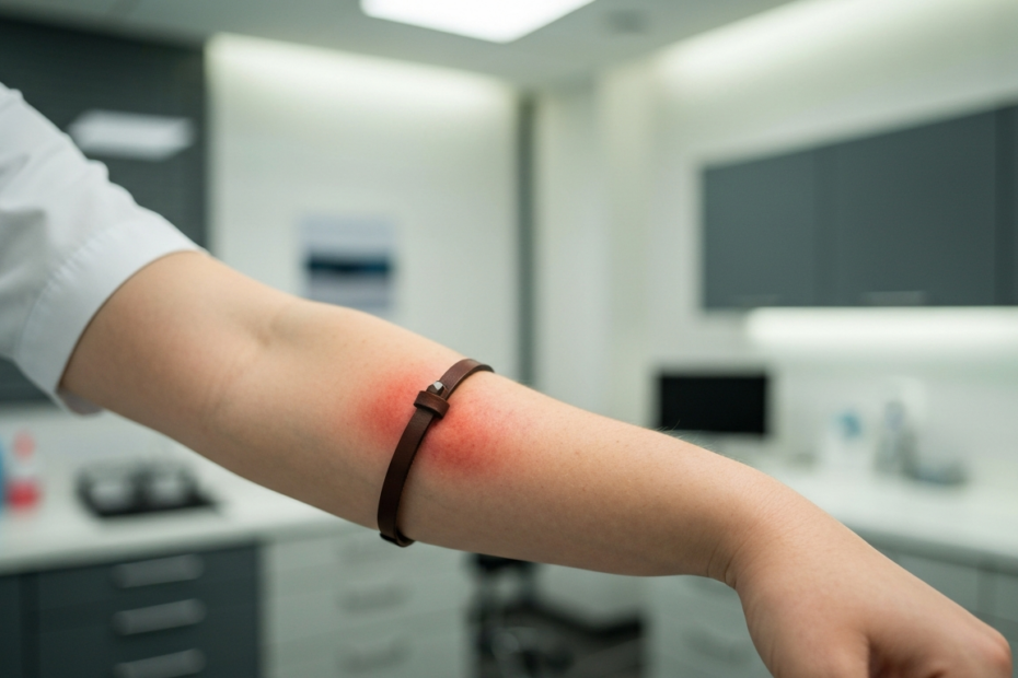 Photorealistic image of a person's arm with a leather bracelet, showing mild redness and irritation on the skin underneath the bracelet. The background is a clean medical office, with soft lighting fo