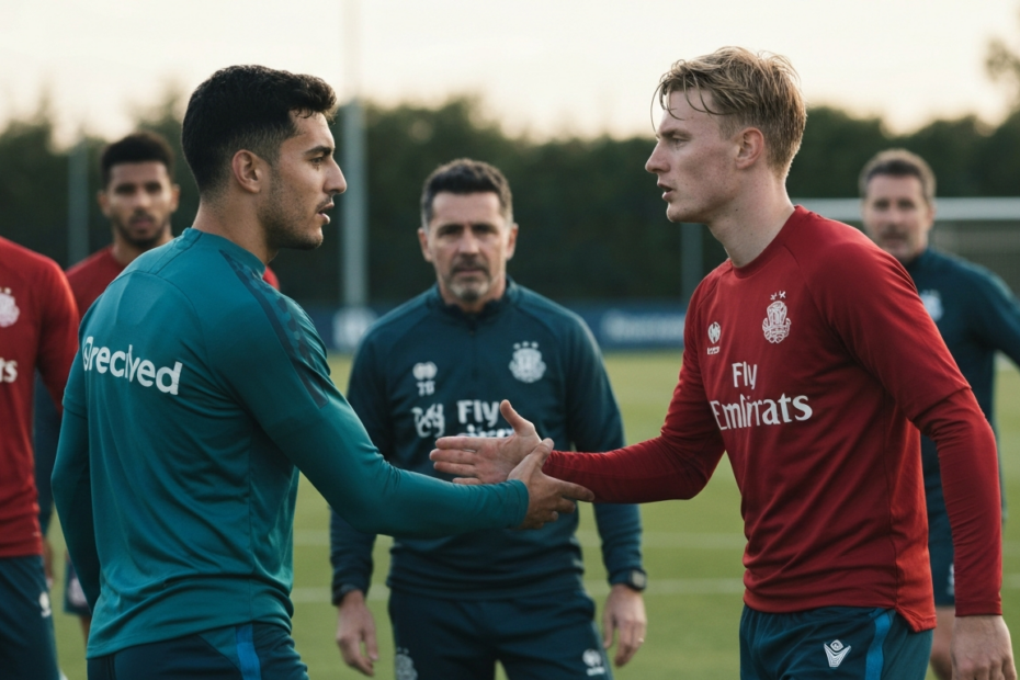 Photorealistic image of a tense moment during a football training session, with two male players in team kits facing each other, one avoiding a handshake, while teammates and a coach watch in the back