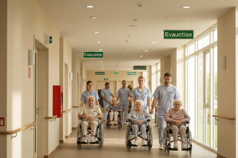 Seguridad contra incendios en residencias de ancianos: claves y prevención 11 A photorealistic image of a modern, well-lit nursing home corridor with smoke detectors on the ceiling, fire extinguishers on the wall, and clear evacuation signs. Elderly residents in wheelchairs are