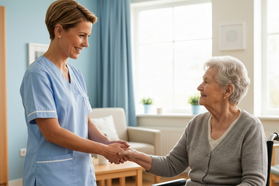 Protegiendo a Ancianos: Prevención de Agresiones Sexuales en Residencias 7 A photorealistic image of a caring nurse holding hands with an elderly woman in a bright, safe nursing home room, with a warm and trusting atmosphere.