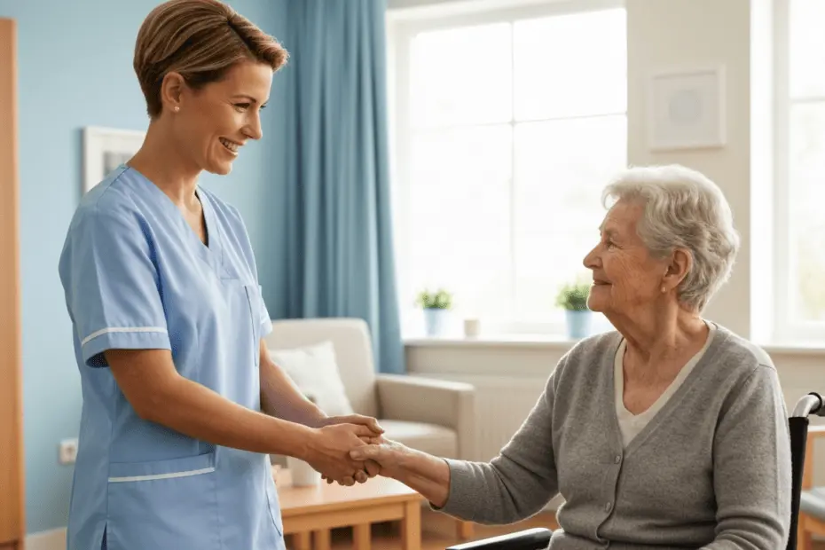 Protegiendo a Ancianos: Prevención de Agresiones Sexuales en Residencias 1 A photorealistic image of a caring nurse holding hands with an elderly woman in a bright, safe nursing home room, with a warm and trusting atmosphere.