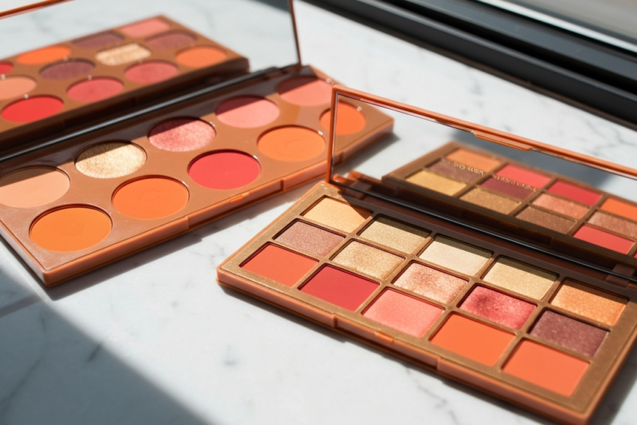 A photorealistic image of three high-end eyeshadow palettes arranged on a white marble surface, with bright summer colors like orange, coral, and gold, natural lighting, no text or logos.