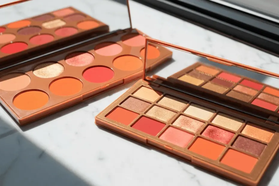 A photorealistic image of three high-end eyeshadow palettes arranged on a white marble surface, with bright summer colors like orange, coral, and gold, natural lighting, no text or logos.