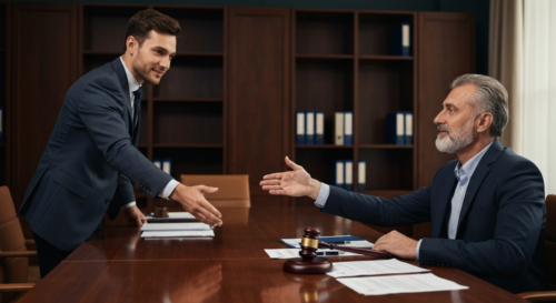 A photorealistic image of a pharmaceutical lobbyist in a suit shaking hands with a politician in an office, with documents and a gavel on the table, symbolizing influence and negotiation.