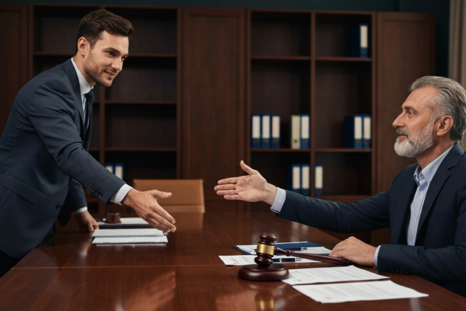 A photorealistic image of a pharmaceutical lobbyist in a suit shaking hands with a politician in an office, with documents and a gavel on the table, symbolizing influence and negotiation.