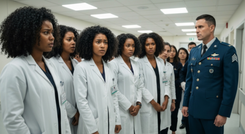 A photorealistic image of a group of medical students in white coats, looking concerned, standing in a hospital hallway with a military officer in uniform, symbolizing the conflict between medical tra