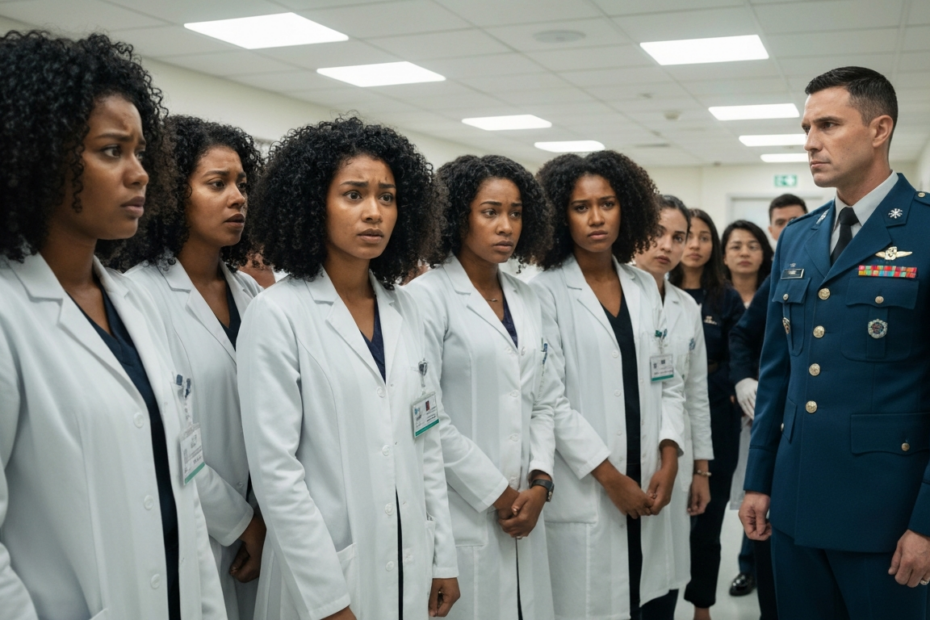 Entrenamiento militar vs prácticas médicas: impacto en estudiantes 1 A photorealistic image of a group of medical students in white coats, looking concerned, standing in a hospital hallway with a military officer in uniform, symbolizing the conflict between medical tra