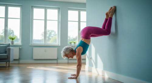 A realistic photo of a fit 77-year-old woman performing a handstand against a wall in a bright living room, wearing athletic clothing, with a smiling expression, natural lighting, photorealistic style