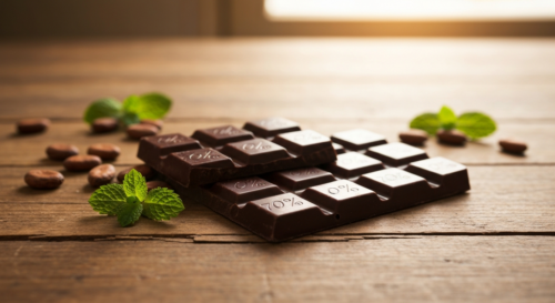 Photorealistic image of a dark chocolate bar with 70% cocoa, broken into pieces, on a rustic wooden table, with cocoa beans and fresh mint leaves scattered around, soft natural lighting, shallow depth
