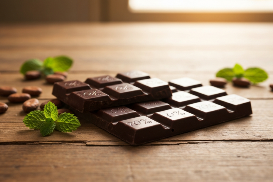 Chocolate y longevidad: ingredientes clave según la ciencia 1 Photorealistic image of a dark chocolate bar with 70% cocoa, broken into pieces, on a rustic wooden table, with cocoa beans and fresh mint leaves scattered around, soft natural lighting, shallow depth