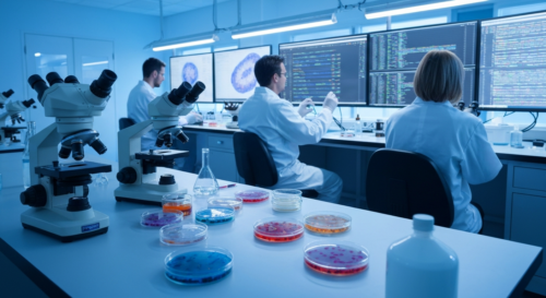 A photorealistic image of a modern oncology research laboratory with scientists in white coats analyzing DNA sequencing data on large screens, with microscopes and petri dishes in the foreground. Soft
