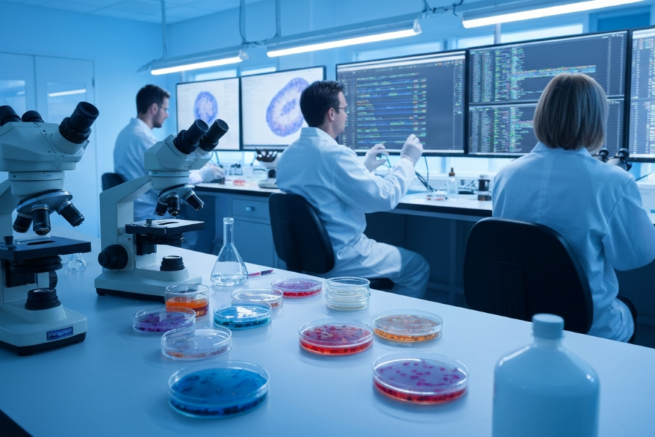 A photorealistic image of a modern oncology research laboratory with scientists in white coats analyzing DNA sequencing data on large screens, with microscopes and petri dishes in the foreground. Soft