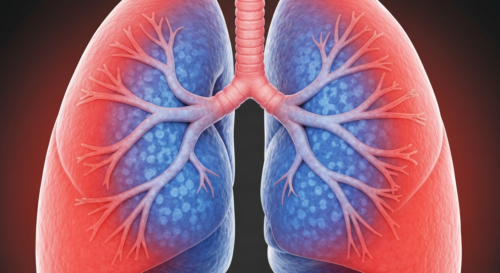 Photorealistic medical illustration of human lungs with inflamed pleura and alveolar damage, showing autoimmune attack, in a clinical style with blue and red tones, no text or logos.