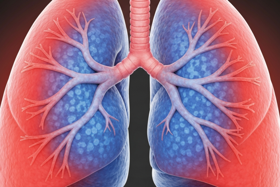 Lupus Pulmonar: Causas, Síntomas y Tratamiento de la Afectación Pulmonar 1 Photorealistic medical illustration of human lungs with inflamed pleura and alveolar damage, showing autoimmune attack, in a clinical style with blue and red tones, no text or logos.