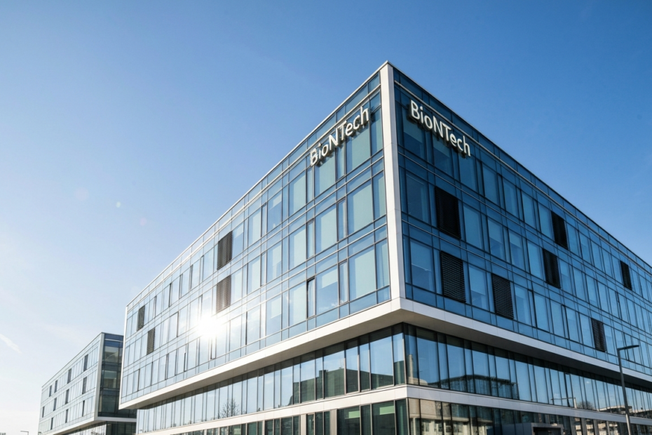BioNTech: ¿Recompra de acciones vs despidos? Una paradoja estratégica 1 A photorealistic image of the BioNTech headquarters in Mainz, Germany, with a modern glass building and the company logo, under a clear blue sky, conveying a sense of corporate power and innovation.