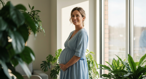 A realistic photo of a pregnant woman over 40, smiling, with a modern and healthy lifestyle setting, natural lighting, no text or logos.