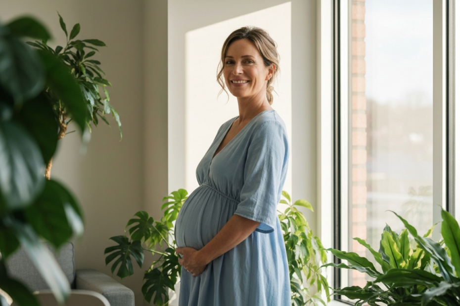 Maternidad tardía: riesgos, beneficios y consejos médicos 1 A realistic photo of a pregnant woman over 40, smiling, with a modern and healthy lifestyle setting, natural lighting, no text or logos.