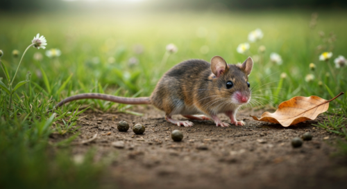 A photorealistic image of a deer mouse (Peromyscus maniculatus) in a rural setting, with focus on its urine and droppings on the ground, symbolizing hantavirus transmission. No text or logos.