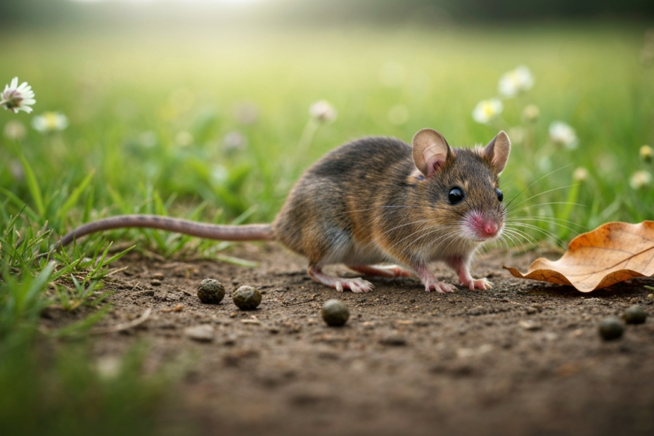 A photorealistic image of a deer mouse (Peromyscus maniculatus) in a rural setting, with focus on its urine and droppings on the ground, symbolizing hantavirus transmission. No text or logos.