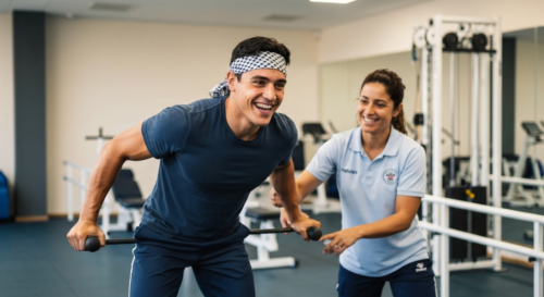 A torero smiling with determination in a rehabilitation gym, doing light exercises with a physiotherapist, natural lighting, photorealistic style.