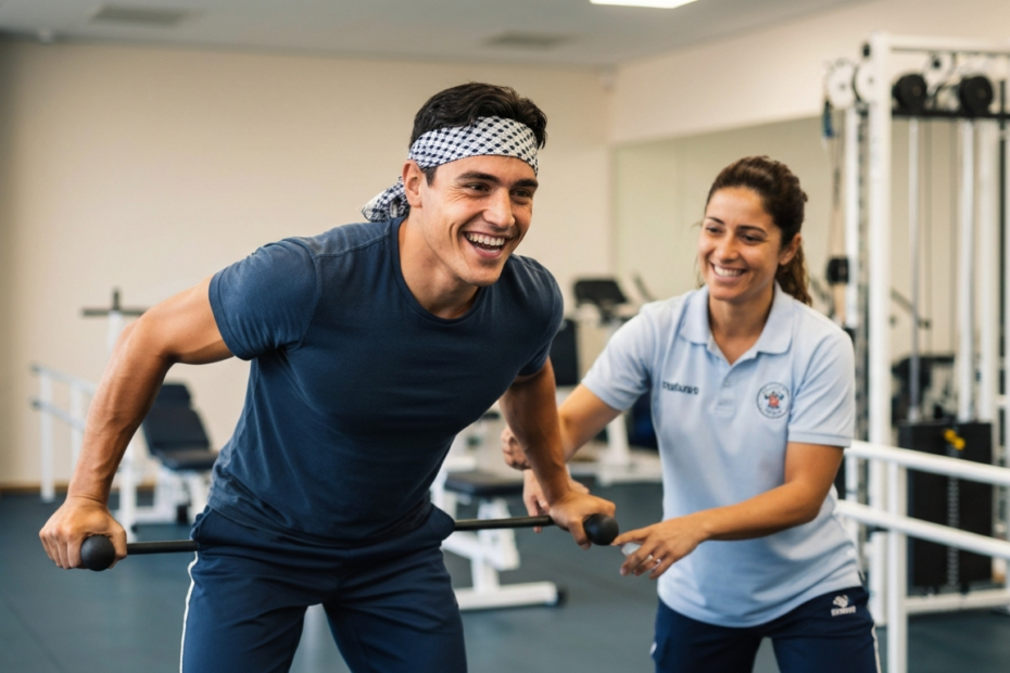 Lecciones de fuerza mental tras un accidente grave 1 A torero smiling with determination in a rehabilitation gym, doing light exercises with a physiotherapist, natural lighting, photorealistic style.
