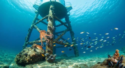 Photorealistic underwater view of an offshore wind turbine foundation covered with marine life, including octopus, mussels, and colorful fish, with clear blue water and sunlight rays filtering through
