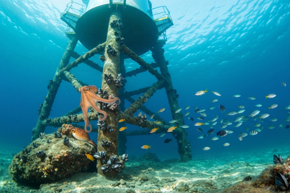 Photorealistic underwater view of an offshore wind turbine foundation covered with marine life, including octopus, mussels, and colorful fish, with clear blue water and sunlight rays filtering through