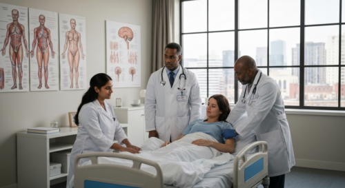 A photorealistic image of a diverse group of doctors examining a female patient in a modern hospital room, with anatomical charts showing male and female bodies side by side, highlighting differences