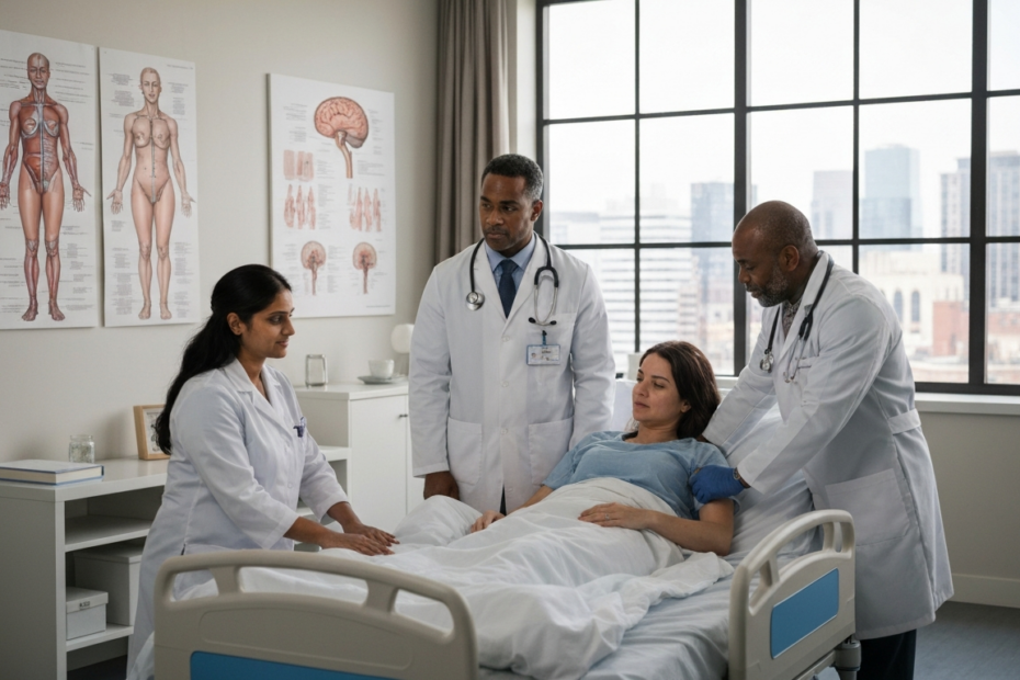 Medicina de género: por qué tratar a mujeres con modelos masculinos es un error 1 A photorealistic image of a diverse group of doctors examining a female patient in a modern hospital room, with anatomical charts showing male and female bodies side by side, highlighting differences
