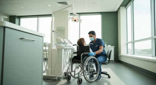 A photorealistic image of a dental clinic with an accessible chair and equipment for people with disabilities, featuring a dentist wearing gloves and a mask assisting a patient in a wheelchair, bright