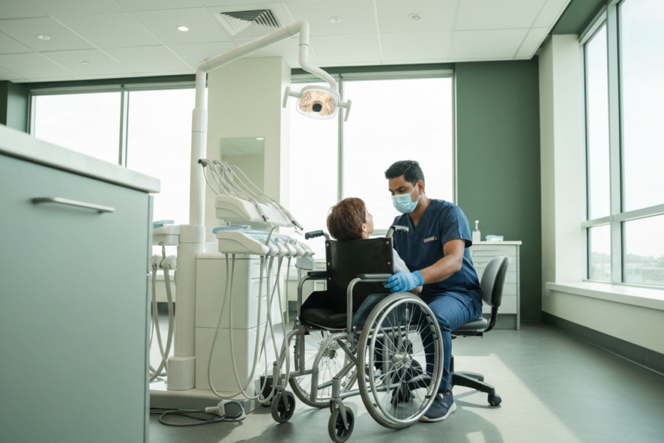 A photorealistic image of a dental clinic with an accessible chair and equipment for people with disabilities, featuring a dentist wearing gloves and a mask assisting a patient in a wheelchair, bright