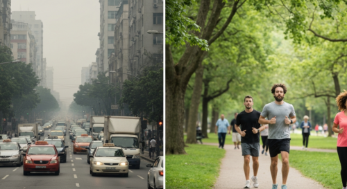 Photorealistic split image: left side shows a polluted urban street with smog and traffic, right side shows a green park with trees and people jogging. Contrasting environments representing different