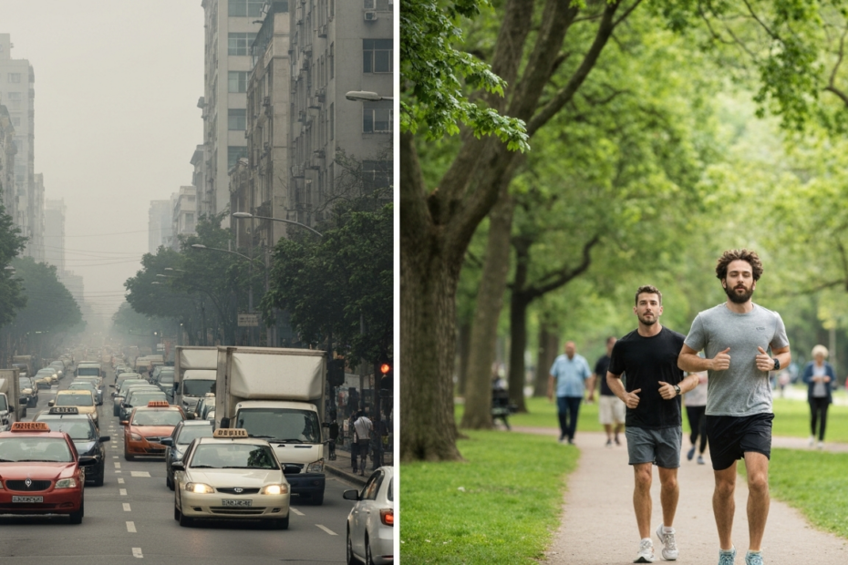 Photorealistic split image: left side shows a polluted urban street with smog and traffic, right side shows a green park with trees and people jogging. Contrasting environments representing different