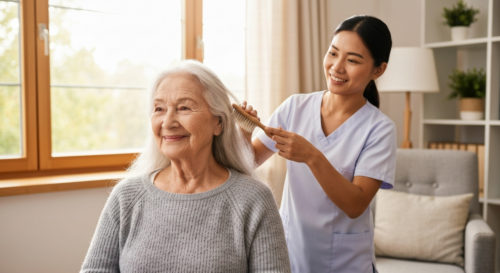 A photorealistic image of an elderly woman with long, silver hair being gently brushed by a caregiver. The setting is a bright, cozy room with soft natural light. The woman has a serene smile and heal