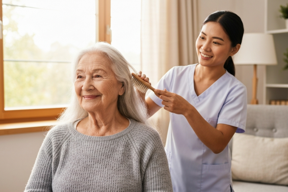 A photorealistic image of an elderly woman with long, silver hair being gently brushed by a caregiver. The setting is a bright, cozy room with soft natural light. The woman has a serene smile and heal