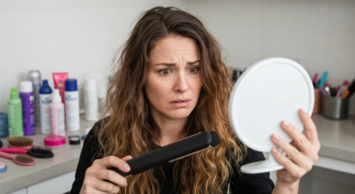 Photorealistic image of a woman with damaged hair, split ends, and frizz, holding a hair straightener, looking concerned, with a background of beauty products and a mirror reflecting her hair conditio
