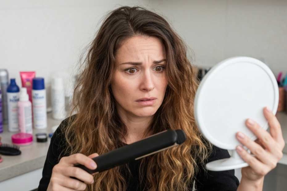 Photorealistic image of a woman with damaged hair, split ends, and frizz, holding a hair straightener, looking concerned, with a background of beauty products and a mirror reflecting her hair conditio
