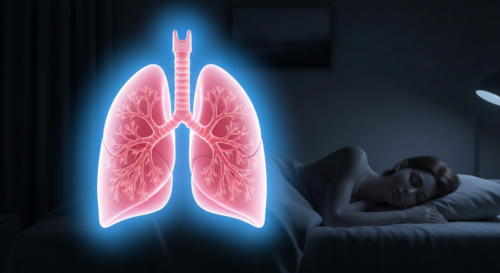 Photorealistic image of a pair of human lungs with a glowing, rejuvenated appearance, surrounded by a soft blue aura representing restful sleep. The background is a dark bedroom with a sleeping silhou