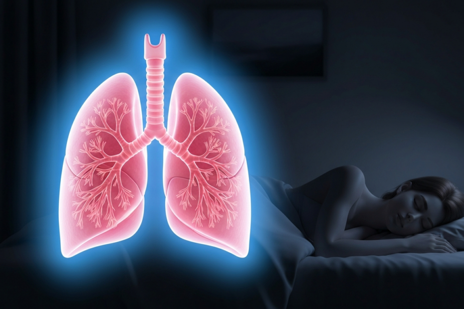 Photorealistic image of a pair of human lungs with a glowing, rejuvenated appearance, surrounded by a soft blue aura representing restful sleep. The background is a dark bedroom with a sleeping silhou